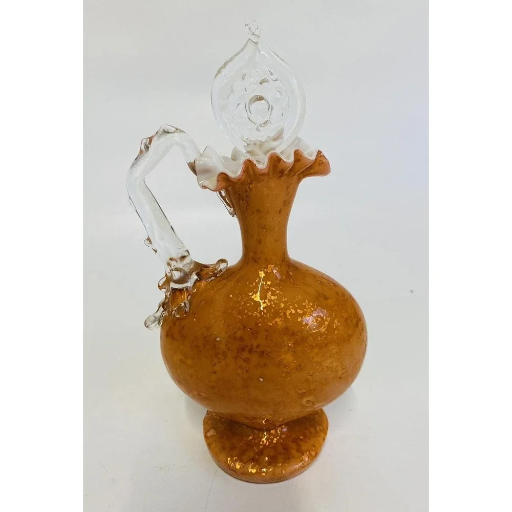 Vintage Orange Gold Aventurine Art Glass Decanter Murano‎ Style Ruffled Cruet